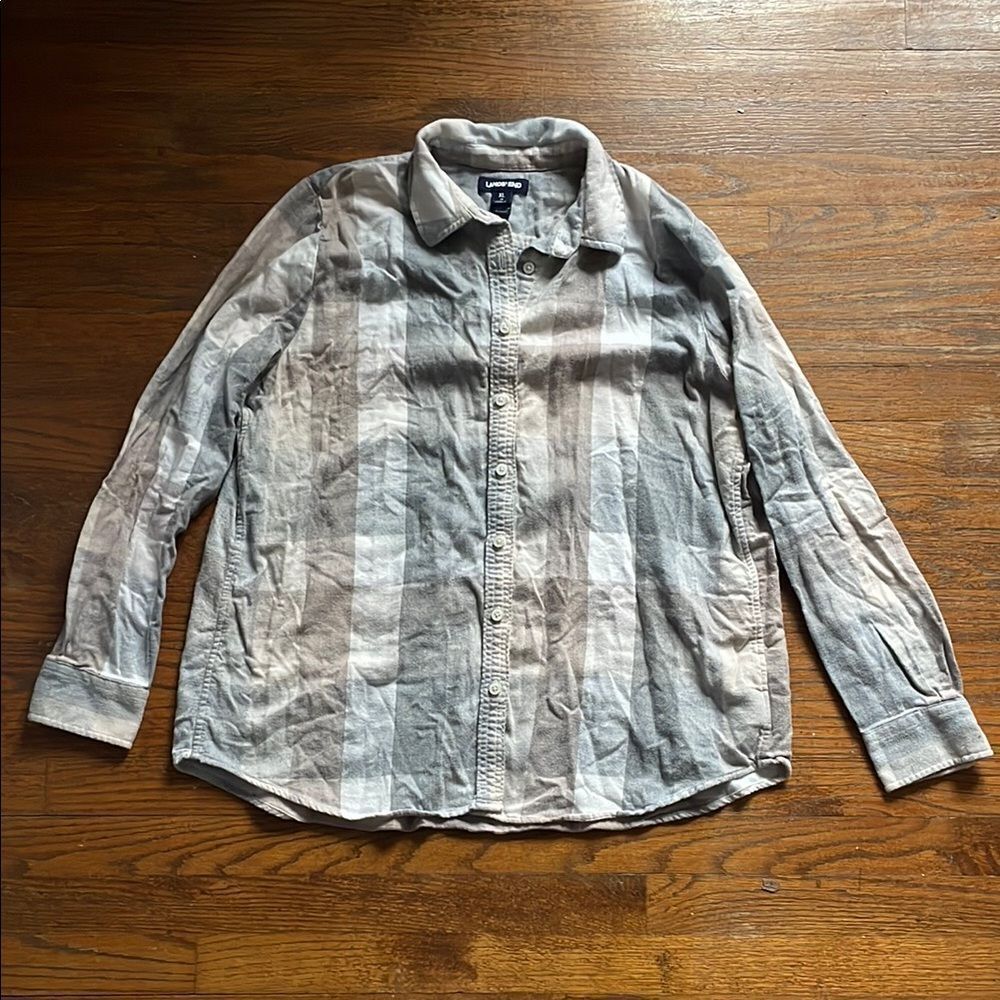 Land’s End Gray, Beige & White Plaid Flannel